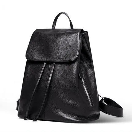 Black Korean-style genuine leather women's backpack with multiple interior compartments and street fashion design