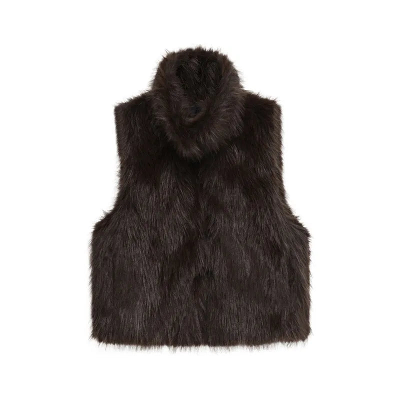 Women's loose casual faux fur vest in polyester, animal pattern, black colour, A-line style