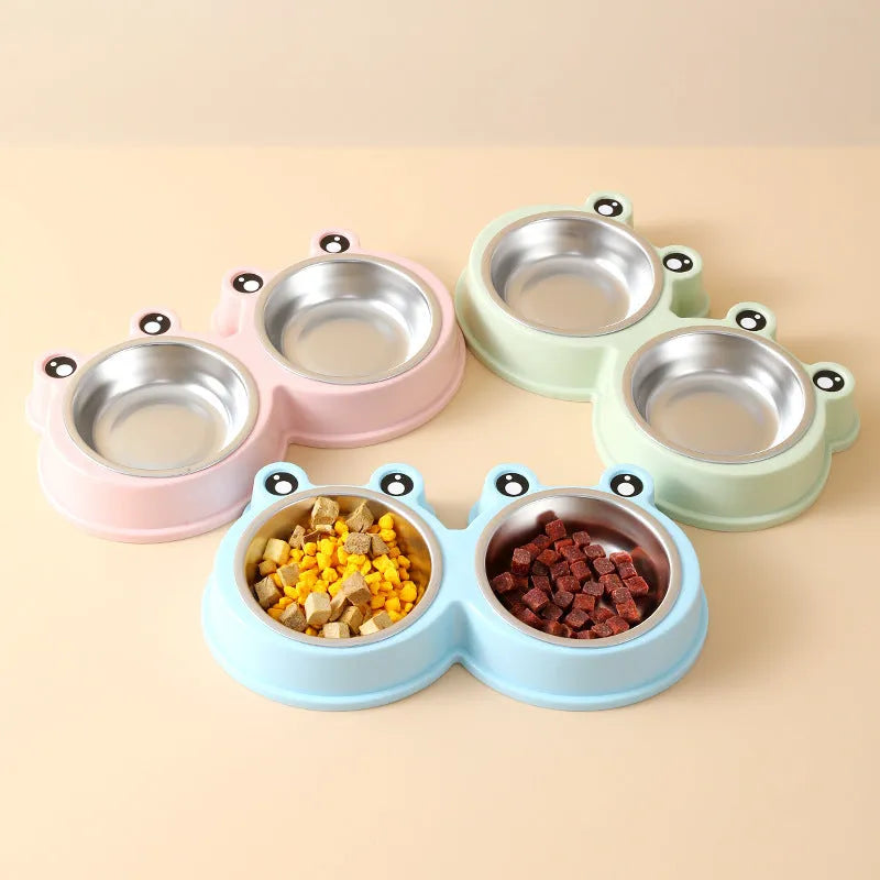 Stainless steel pet double bowl with frog design for food and water feeding