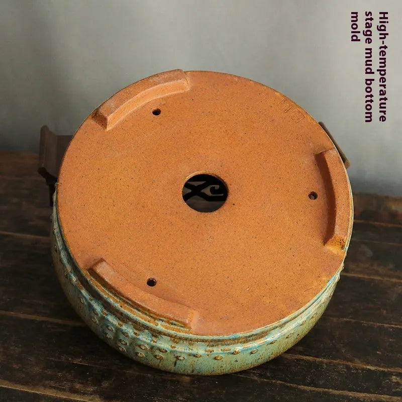 Handmade purple sand ceramic round drum flower pot with high-temperature firewood glaze in nail compound colour for indoor plants