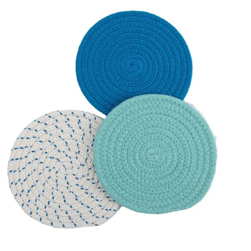 Three round cotton cord coasters in modern simplicity style with 18cm diameter measurement
