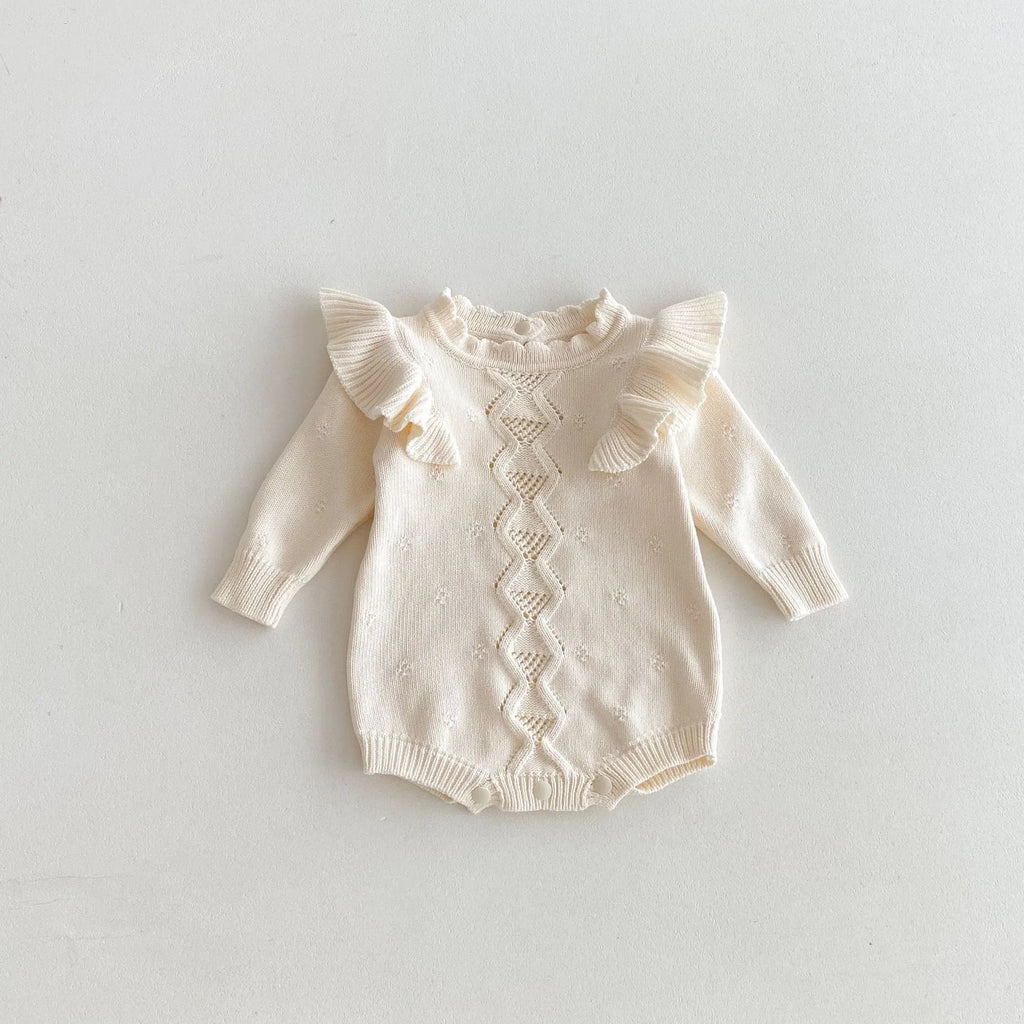 Baby cotton pullover romper with flounced lace sleeves in white beige triangle jumpsuit style