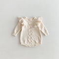 Baby cotton pullover romper with flounced lace sleeves in white beige triangle jumpsuit style
