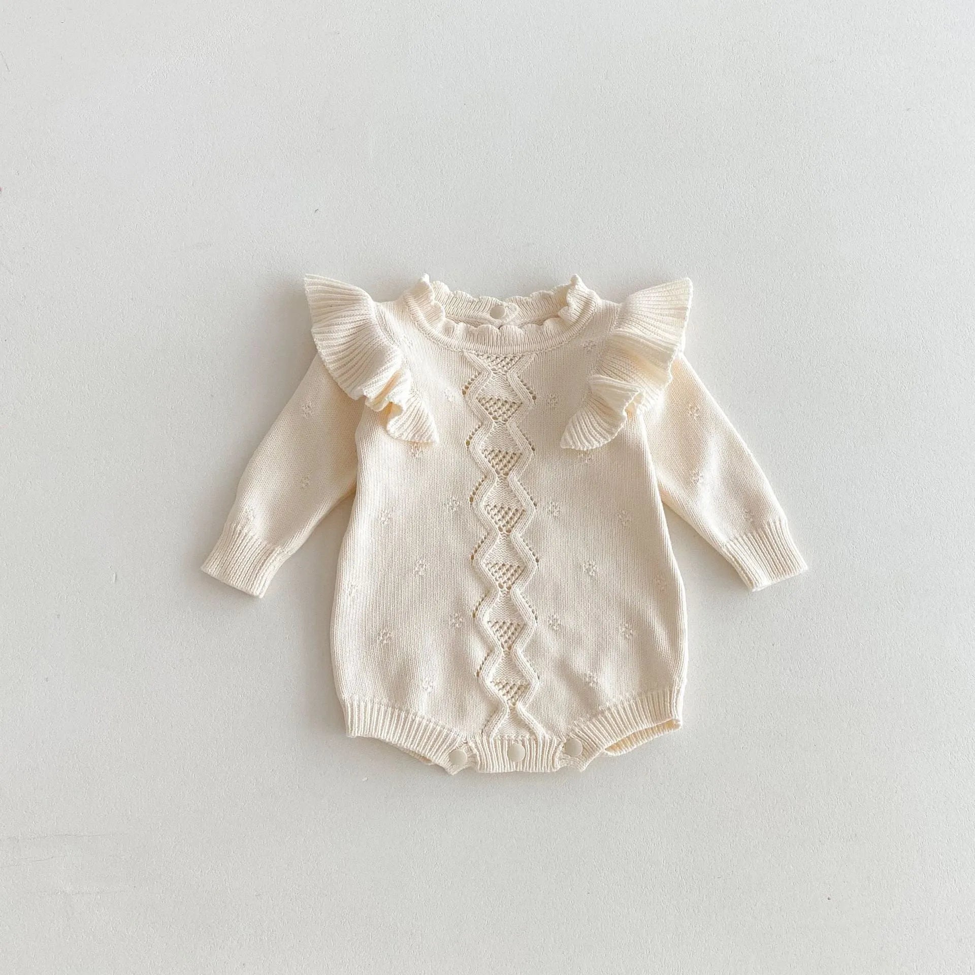 Baby cotton pullover romper with flounced lace sleeves in white beige triangle jumpsuit style