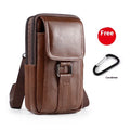 Men's black genuine leather square crossbody waist bag with a lock and coin pocket.