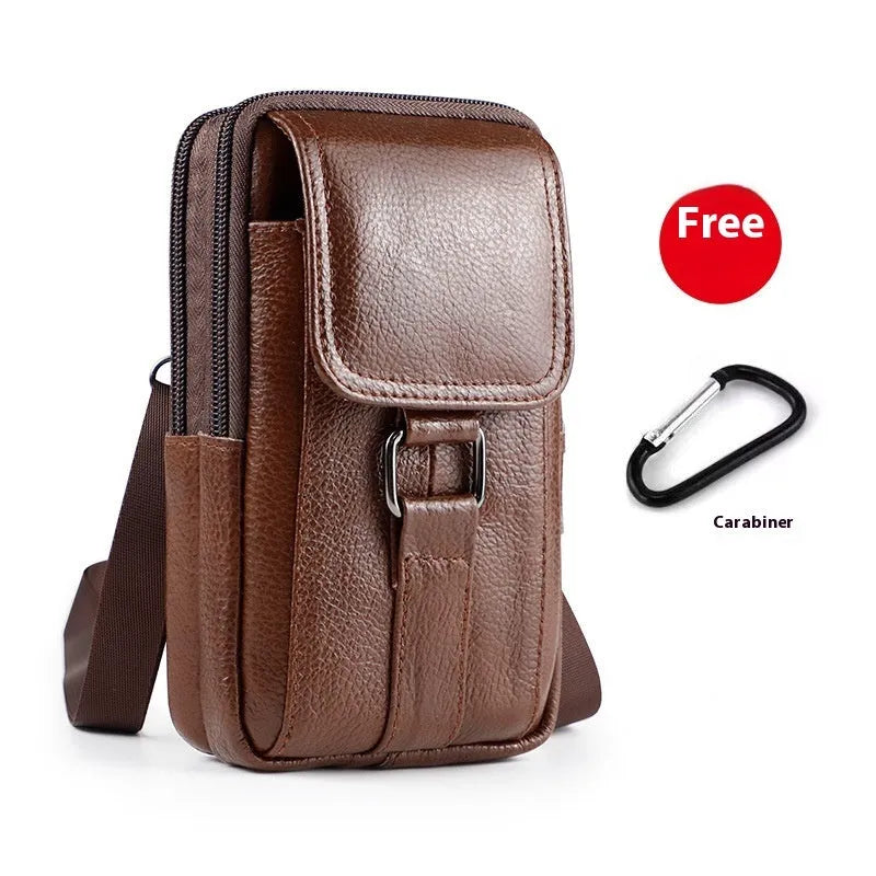 Men's black genuine leather square crossbody waist bag with a lock and coin pocket.