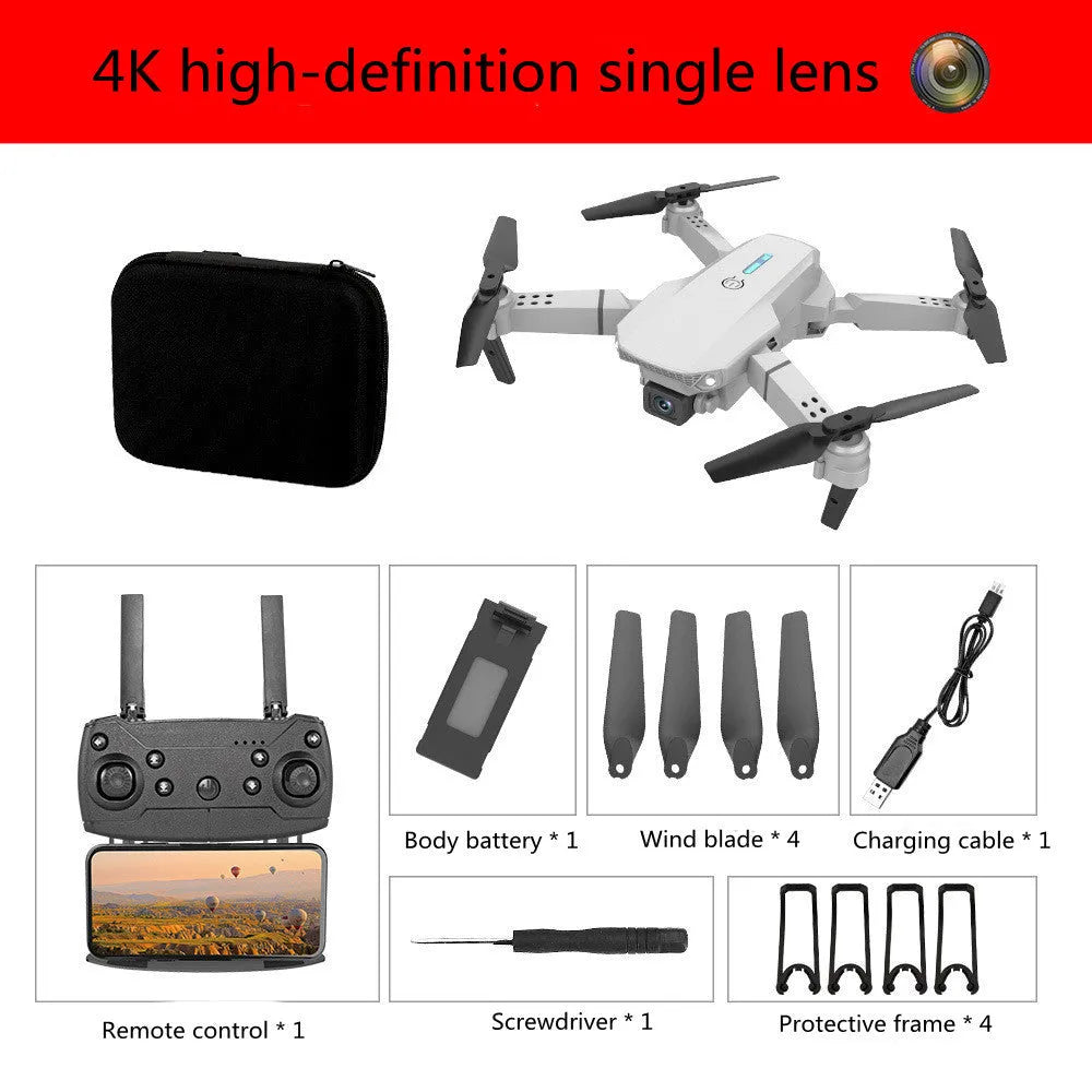 E88 folding drone with 4K single camera, black plastic body, unfolded on ground with remote control