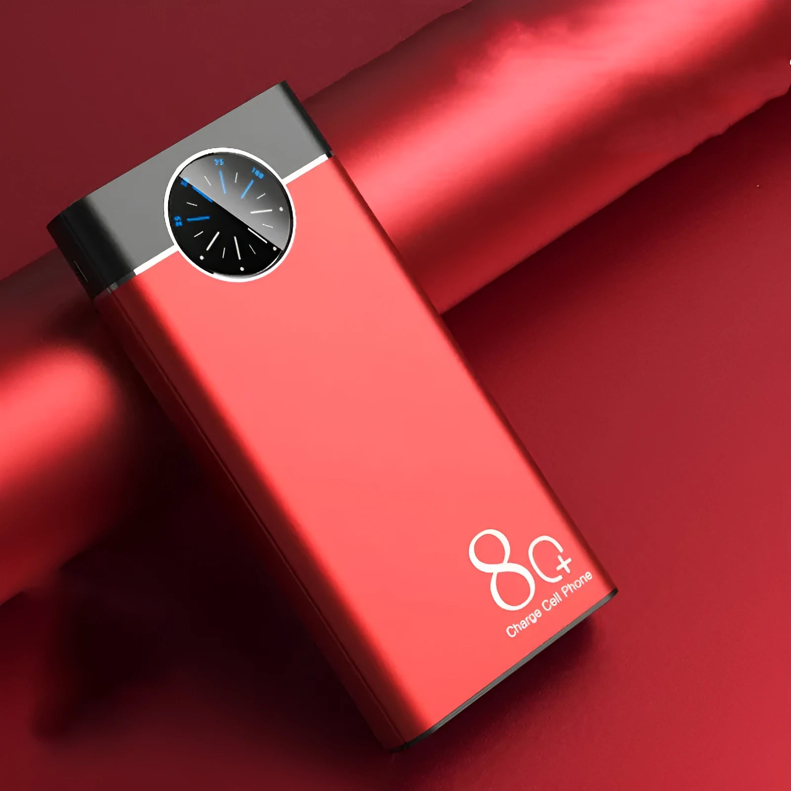 Black alloy fast charging power bank showing front with USB ports and LED flashlight.