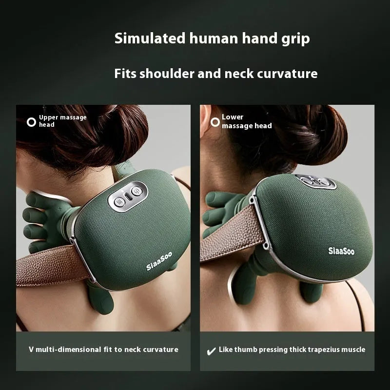 Rechargeable hand shoulder neck massager in moss green on a white background