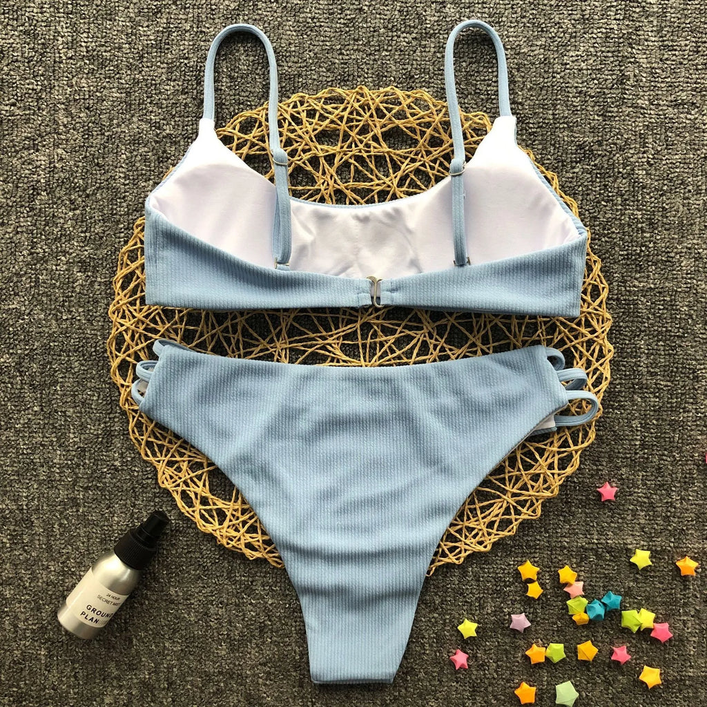 Blue solid colour striped bikini set for women with nylon polyester blend fabric