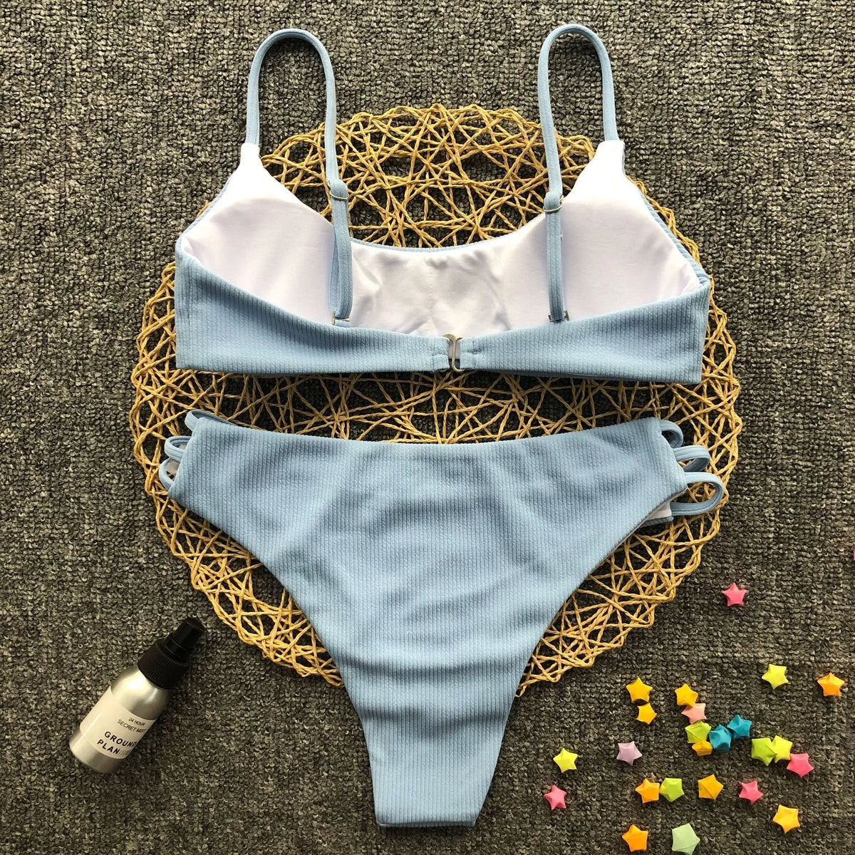 Blue solid colour striped bikini set for women with nylon polyester blend fabric