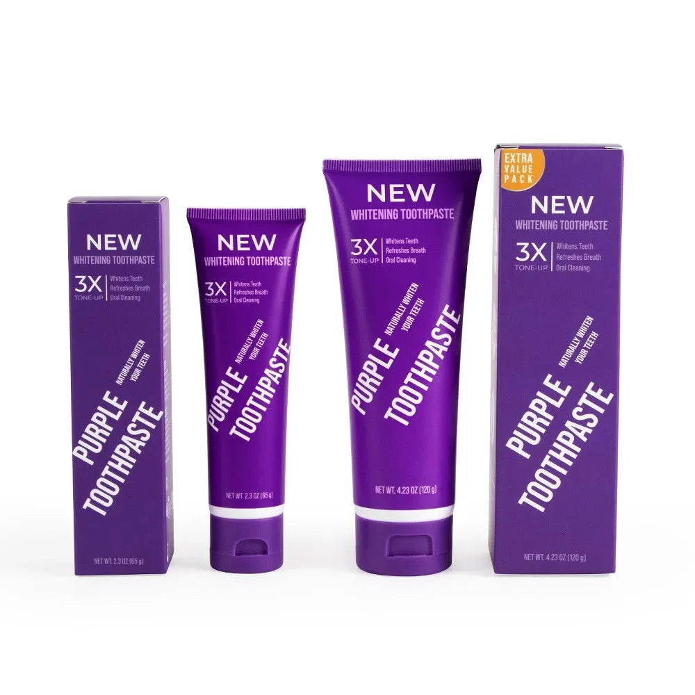 Purple whitening toothpaste tube for adults in 120g and 65g sizes with fluoride formula