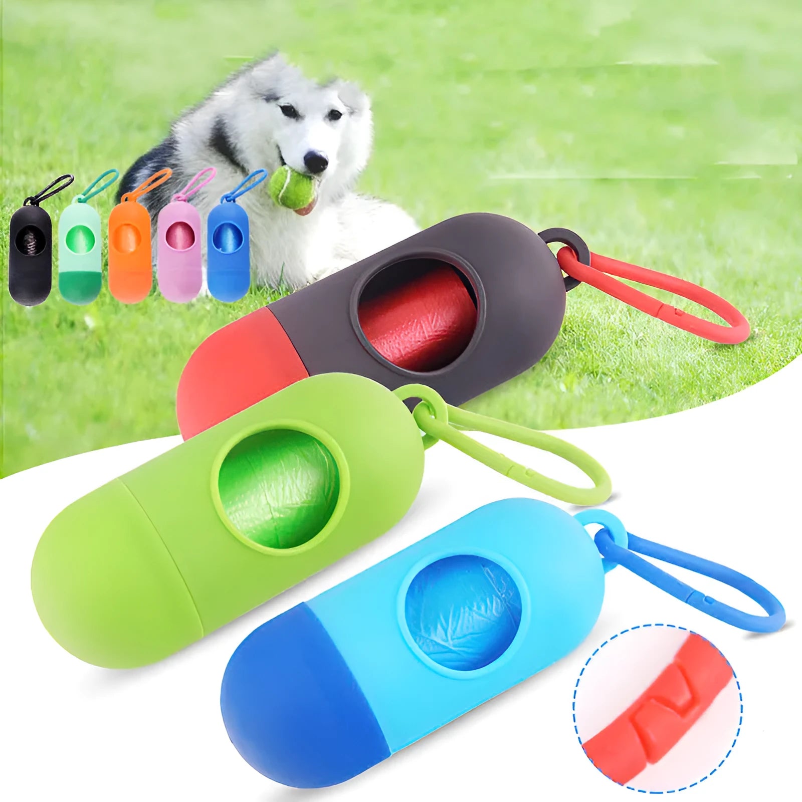 Compact black dog poop bag holder with a metal side hook and a grey Velcro adjustment strap.
