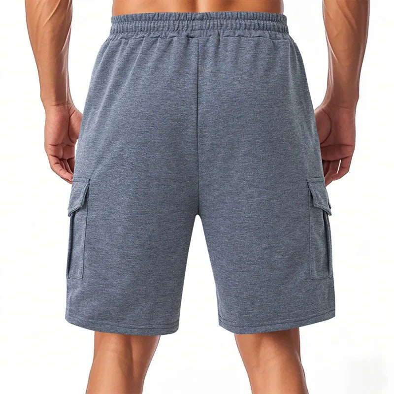 Men's light grey Terry fabric cargo shorts with multiple pockets and loose sports fit