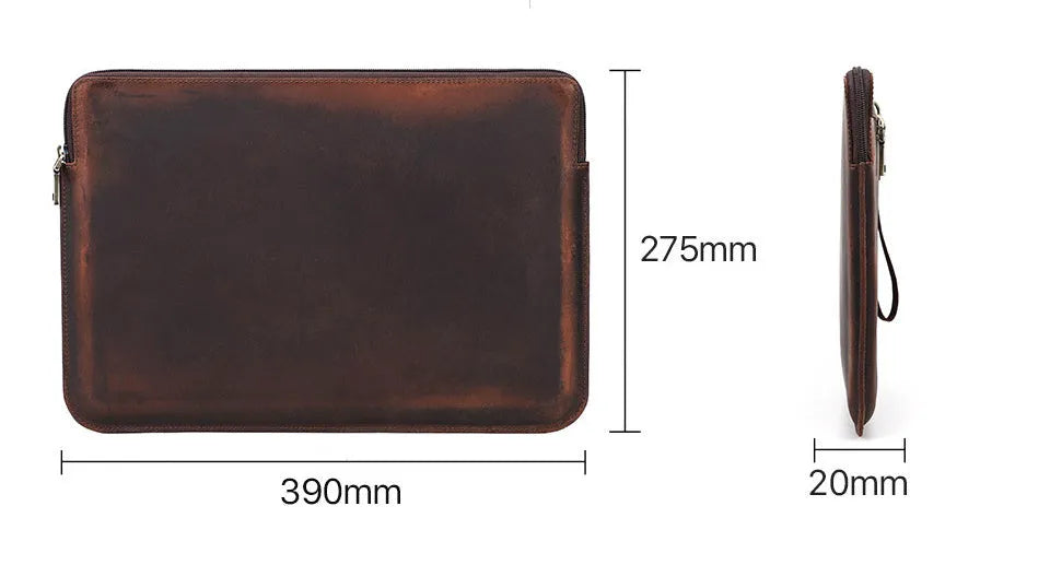 Retro brown crazy horse leather zipper computer bag for MacBook Pro 15.4 and 16 inch