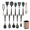 13-piece dark grey silicone kitchenware set with storage bucket, stainless steel handles, arranged upright