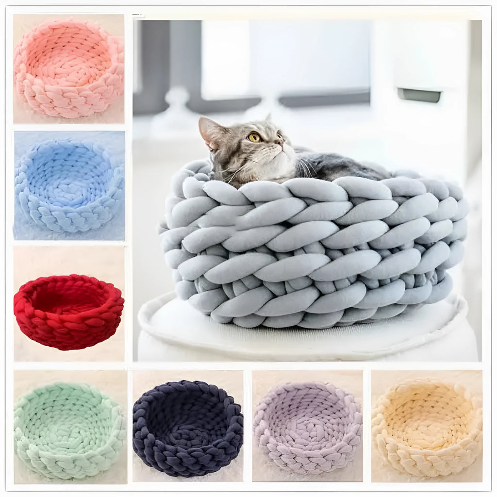 Round soft long plush cat house cushion pet bed in grey, available in multiple sizes from 30cm to 60cm