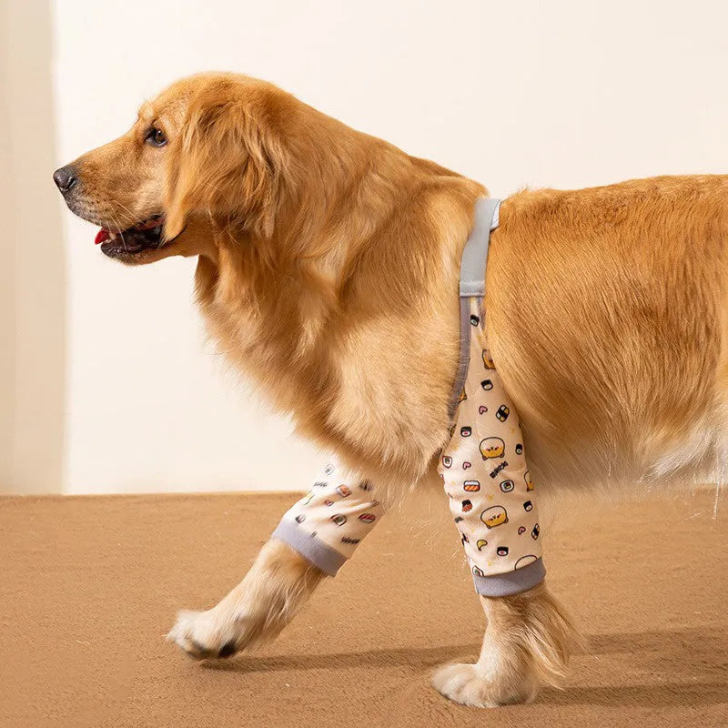 Blue adjustable dog knee protector sleeve with padded elbow patch and matching scarf laid flat.