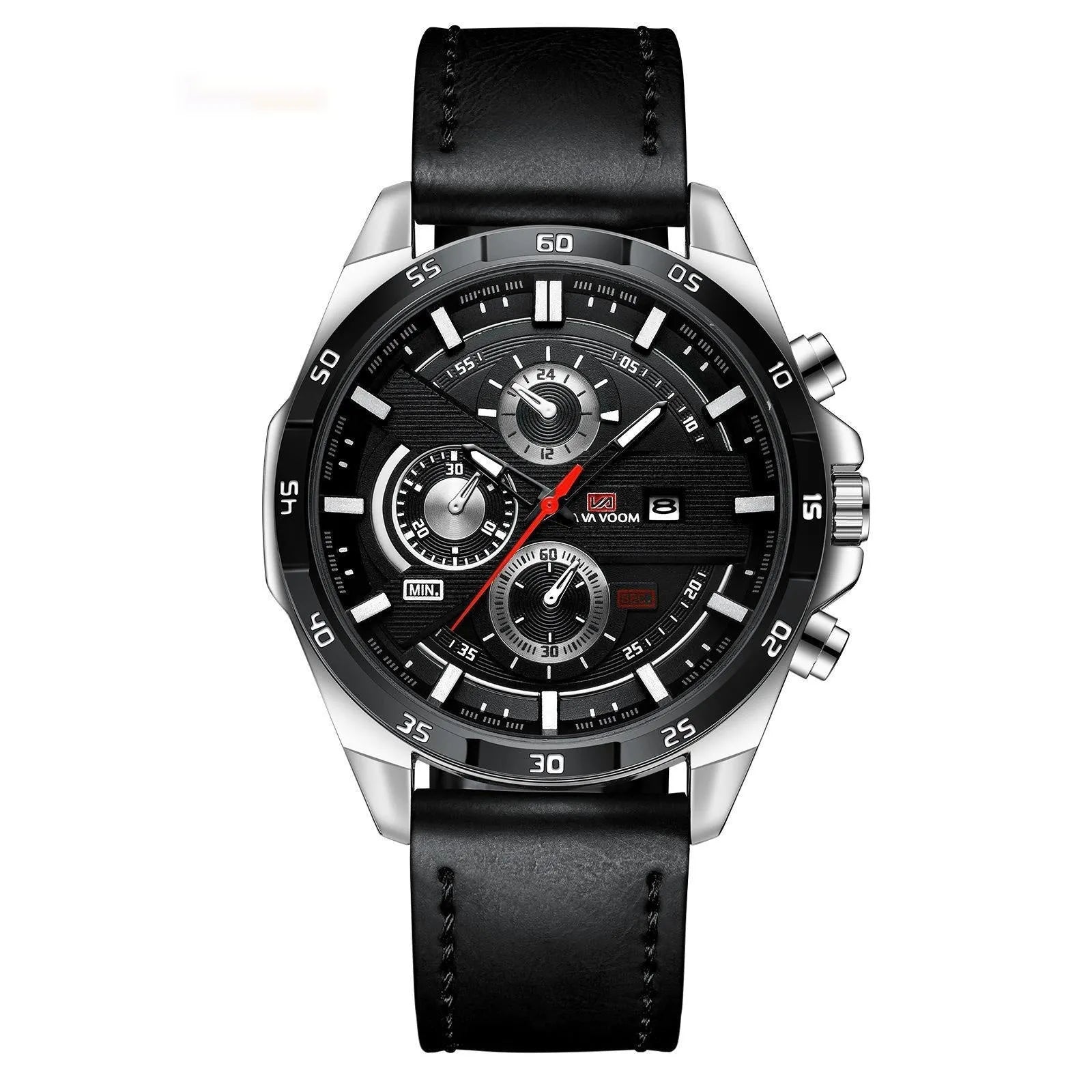Men's casual quartz watch with calendar display on leather strap, shown in rose gold and black colour option.