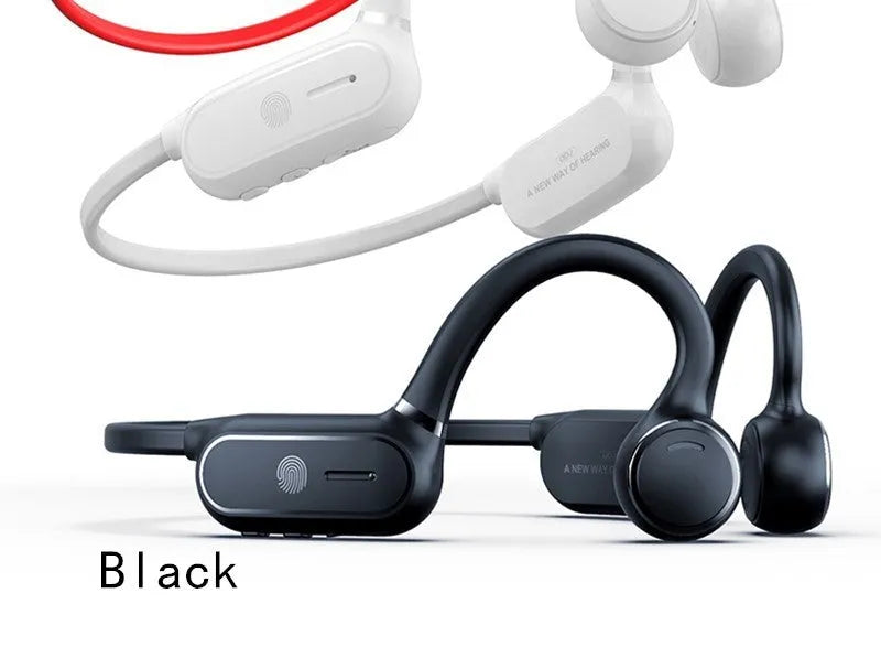 Black air conduction wireless earphones with an over-ear hook design and titanium alloy frame.