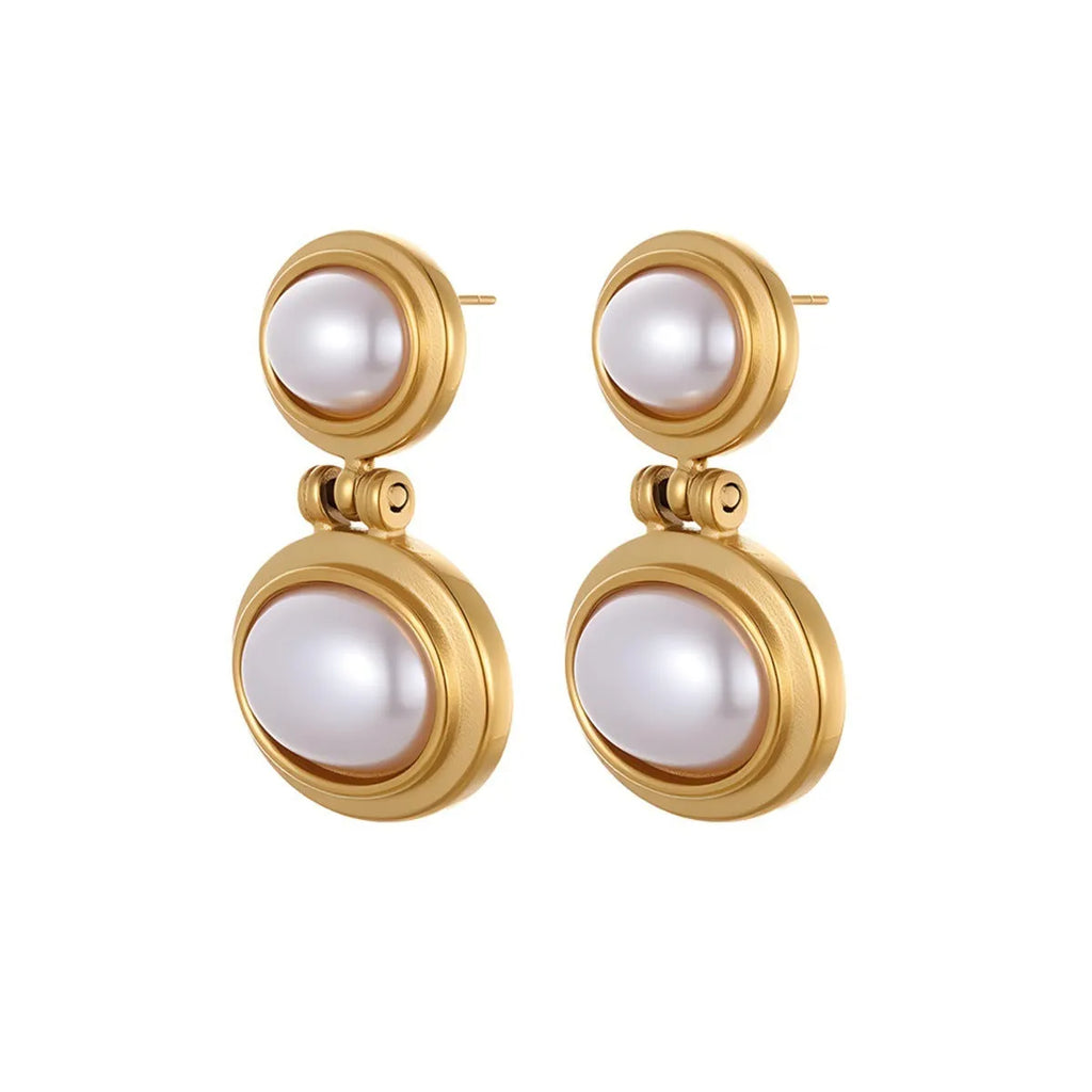 French retro stainless steel earrings with 18K marking, pearl and geometric ellipse shape, colour NMSE-J725-4