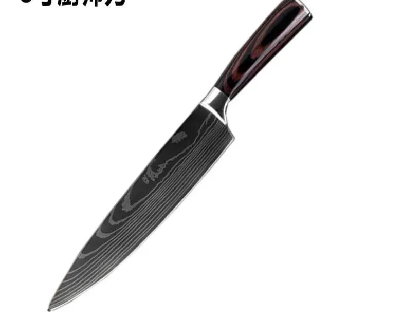 7Cr17 stainless steel kitchen knife with Damascus pattern blade and coloured wood handle on a cutting board.