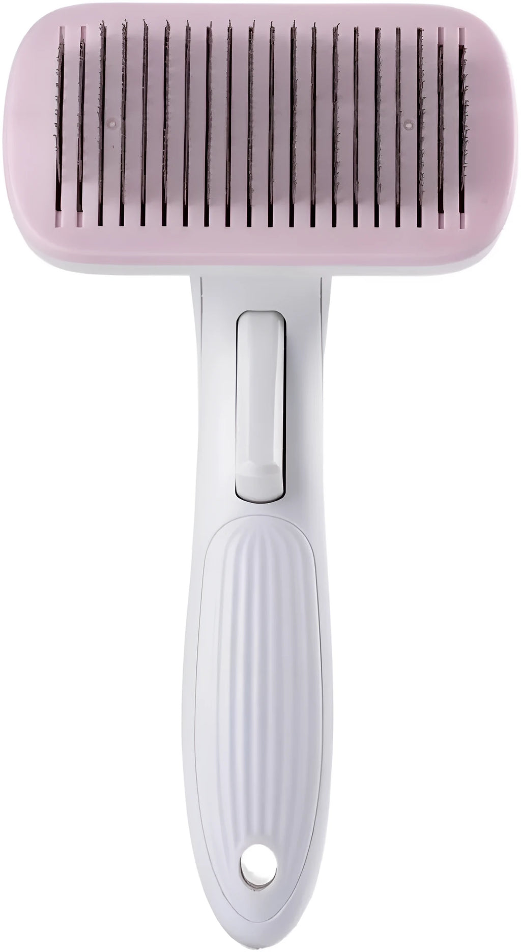 Automatic pet hair removal comb for dogs and cats in blue, showing one-click needle comb mechanism.
