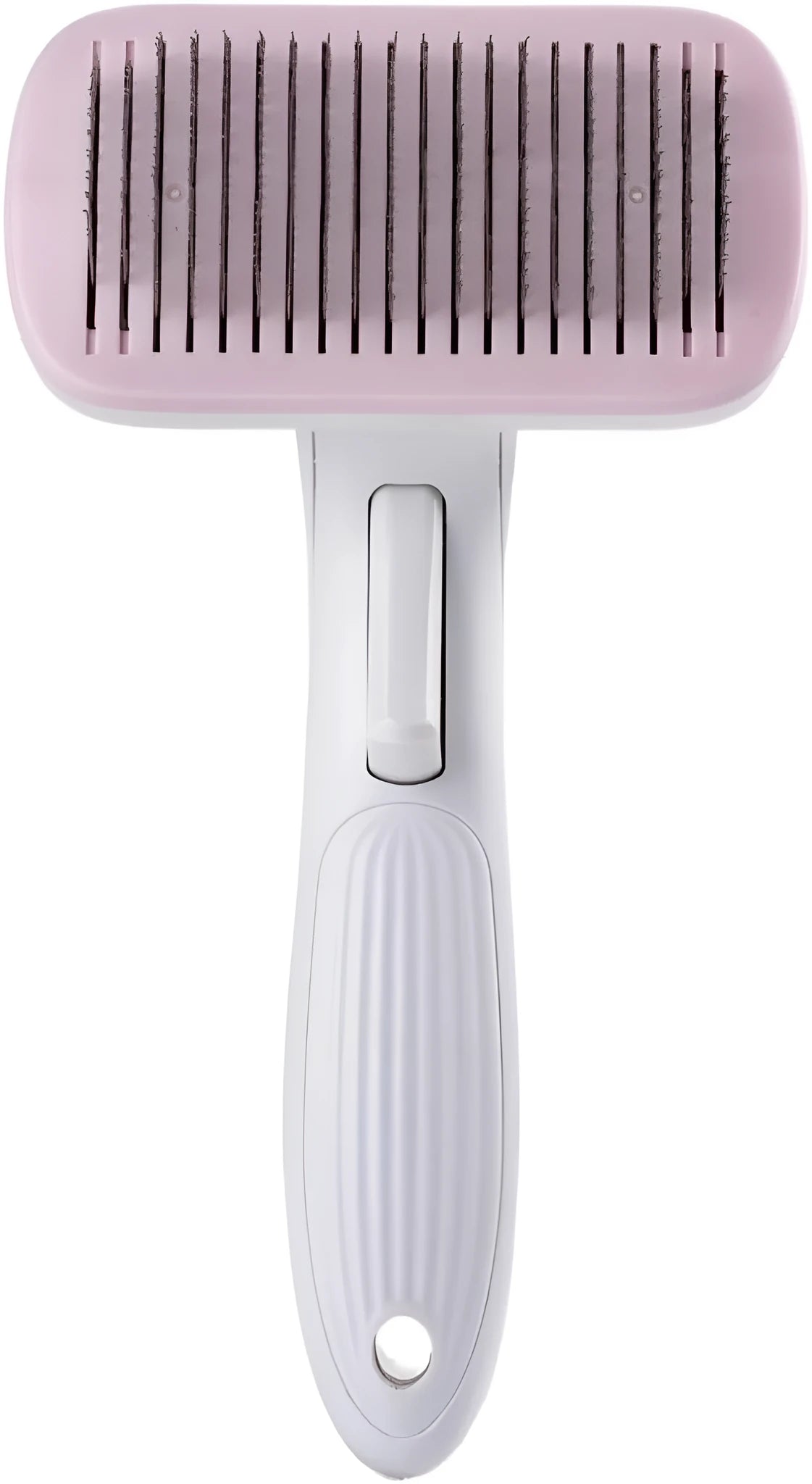 Automatic pet hair removal comb for dogs and cats in blue, showing one-click needle comb mechanism.