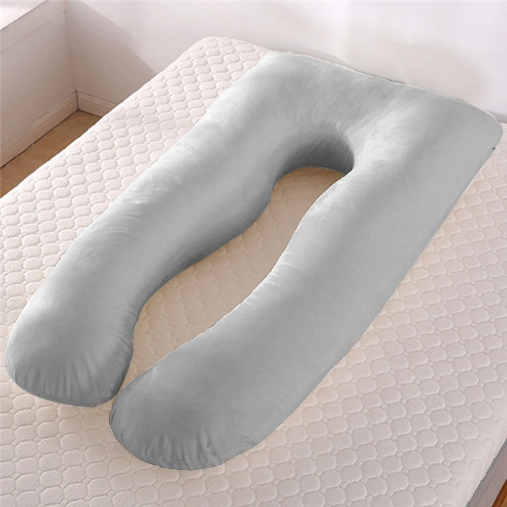U-shaped maternity pillow in ice silk fabric for pregnancy support, shown in light blue colour.