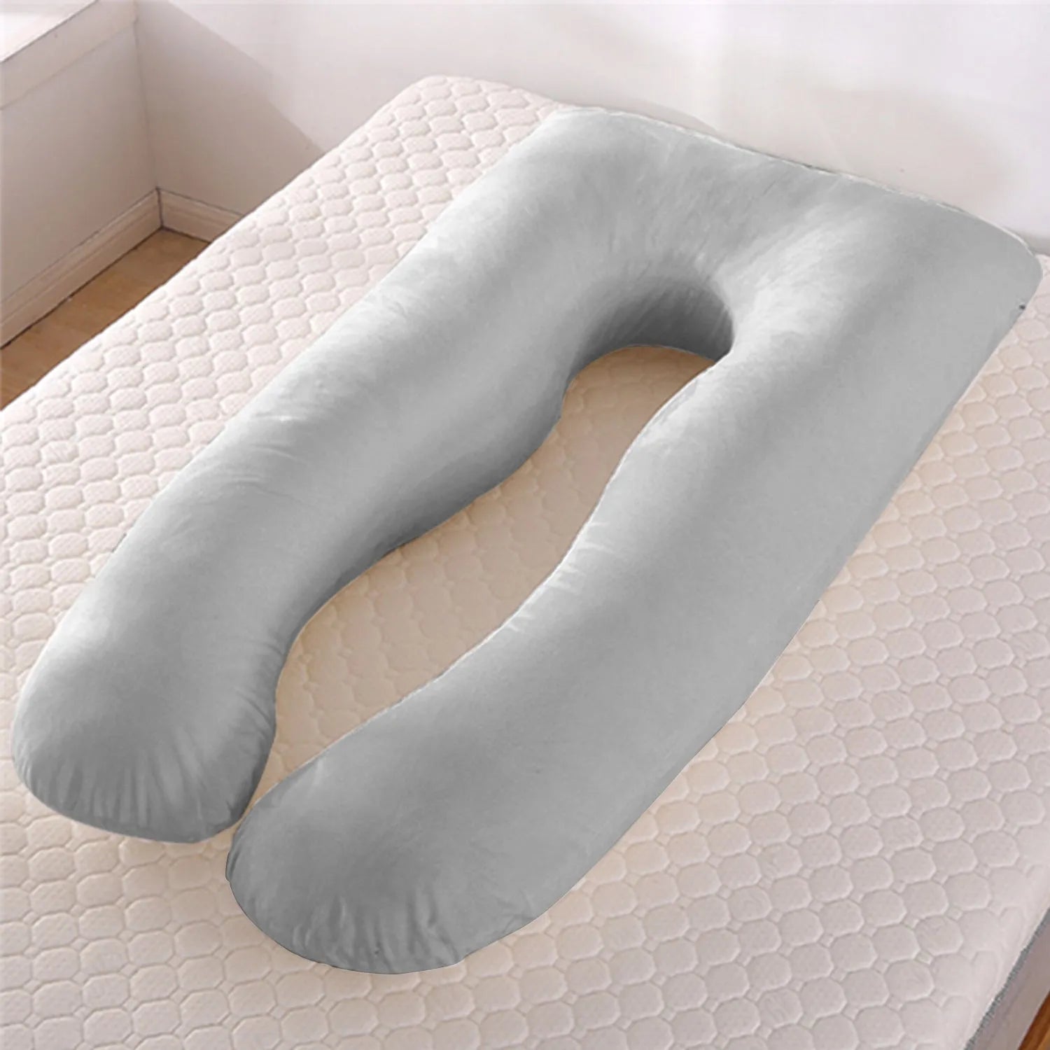 U-shaped maternity pillow in ice silk fabric for pregnancy support, shown in light blue colour.