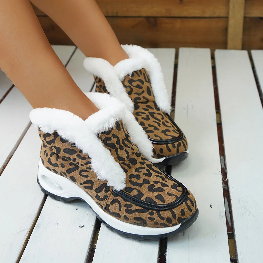 Women's winter snow boots with cotton upper, air-cushion rubber sole, and round toe in leopard print