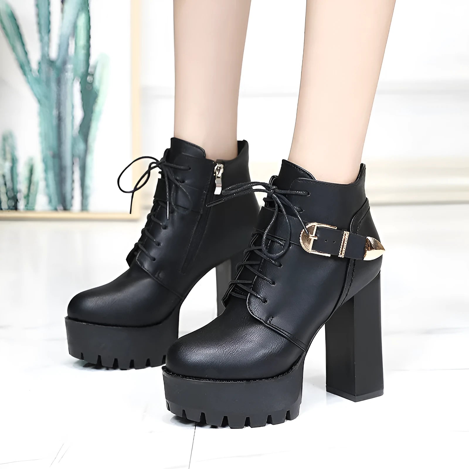 Women's chunky heel waterproof platform high heels in black, back zipper, tip toe, rubber sole