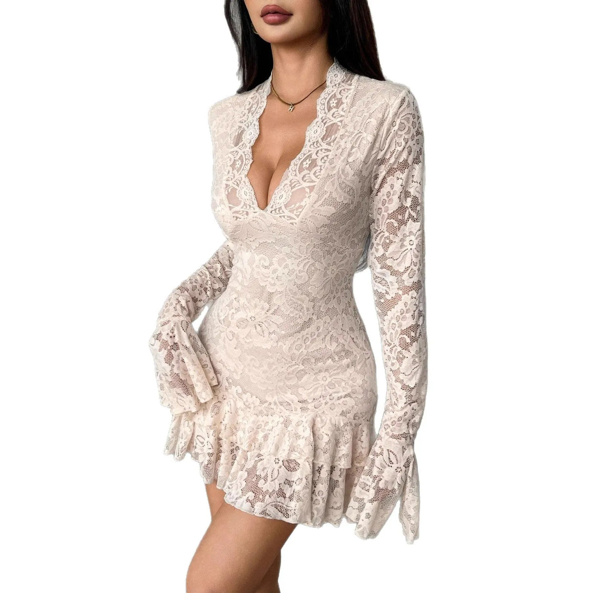 Lace V-neck double-layer ruffled slim-fit mermaid dress in apricot with floral pattern