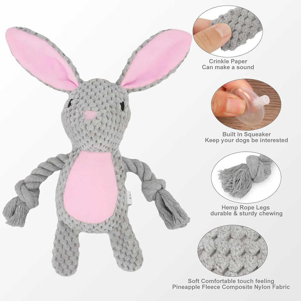 Interactive dog plush toy with squeaker and crinkle paper in elephant design with cotton rope