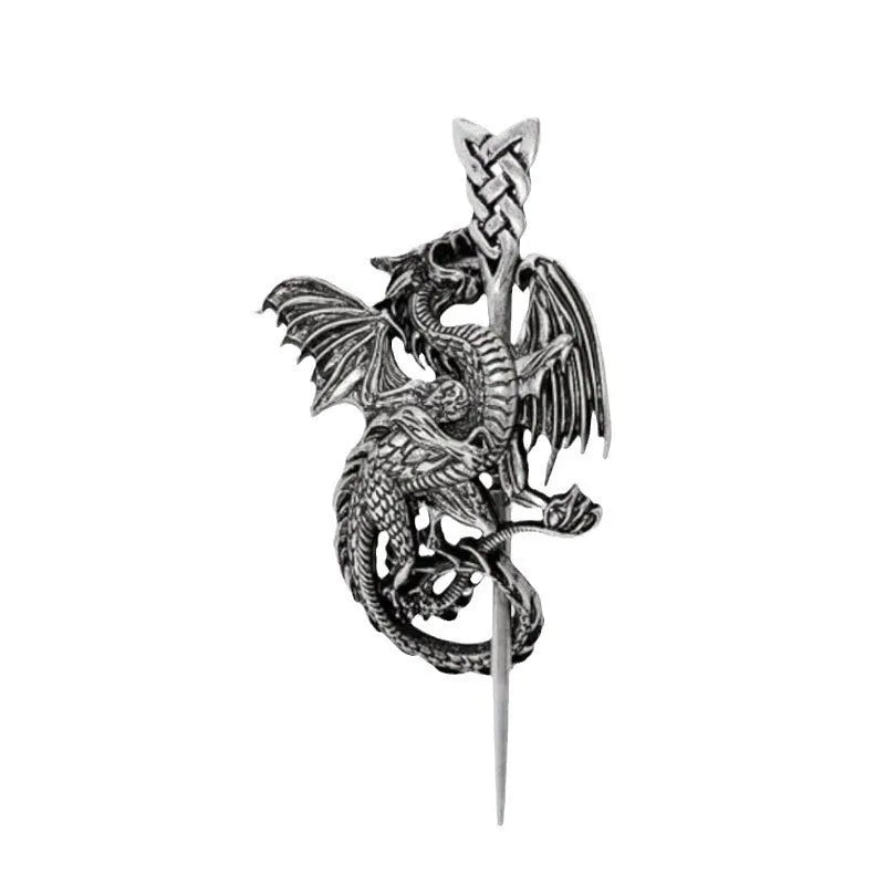 Retro Viking dragon U-shaped alloy hairpin in silver finish on a neutral background