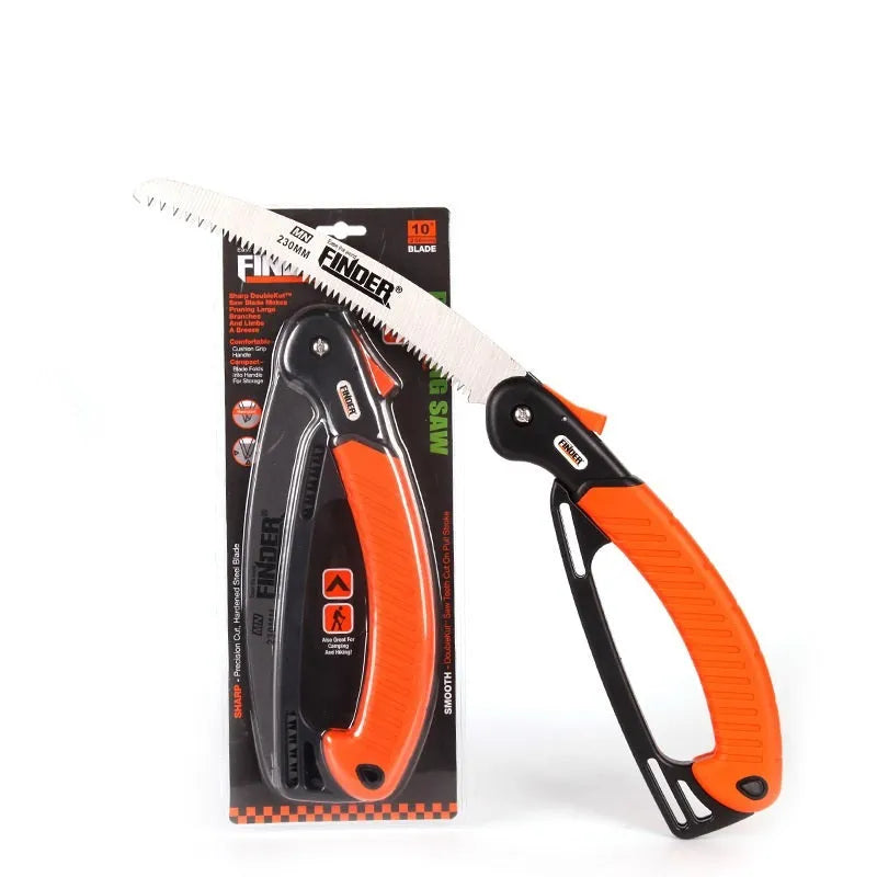 A folding hand saw with a 230mm blade and TPR handle, shown closed and open.