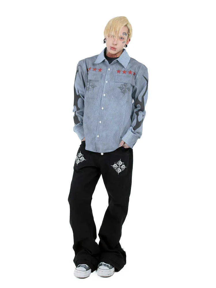Man wearing a washed blue striped casual shirt with a lapel collar and long sleeves.
