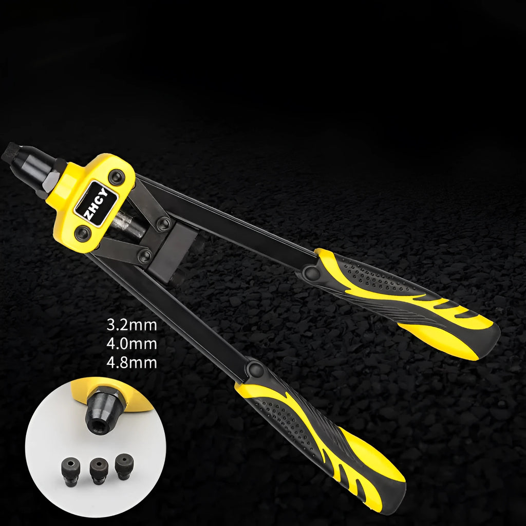 Yellow 13-inch manual rivet gun with three built-in tips for 3.2mm, 4.0mm and 4.8mm rivets