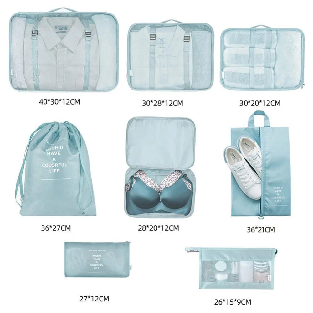 8-piece set of nylon packing cubes in assorted sizes for travel storage, featuring waterproof and dustproof material
