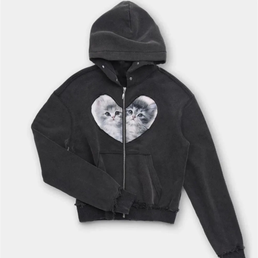 Cotton washed distressed love kitten stitching zipper hooded sweater cardigan in washed black, short length 40cm