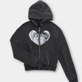 Cotton washed distressed love kitten stitching zipper hooded sweater cardigan in washed black, short length 40cm
