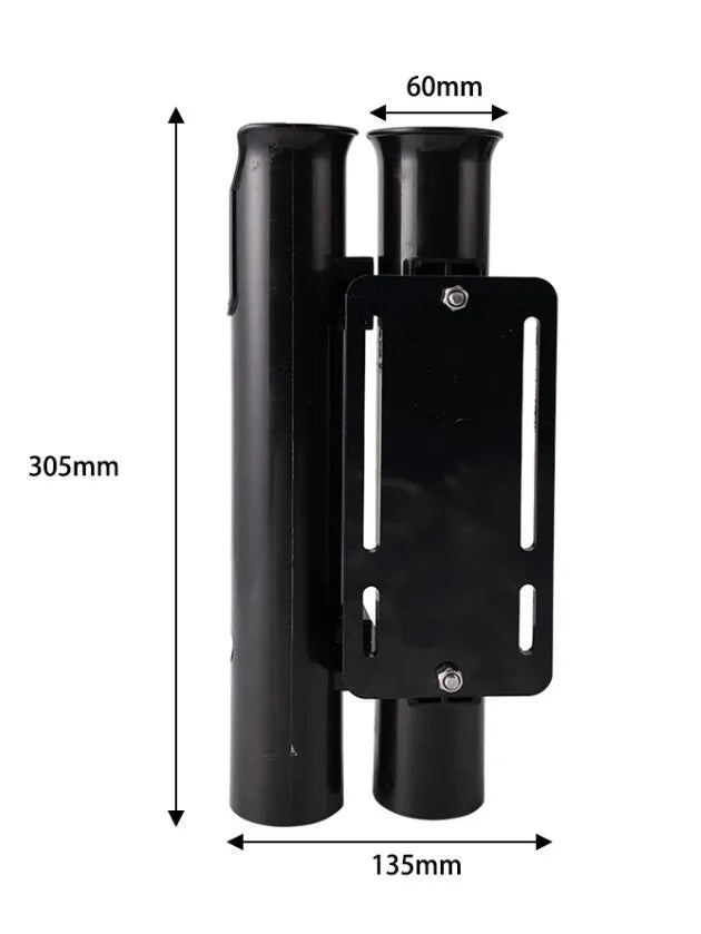Black plastic fishing rod rack for bicycle and motorcycle mounting with clamp attachment