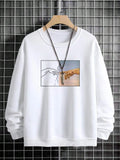 Men's hand printed sweatshirt long sleeve pullover polyester unisex top in white black blue purple
