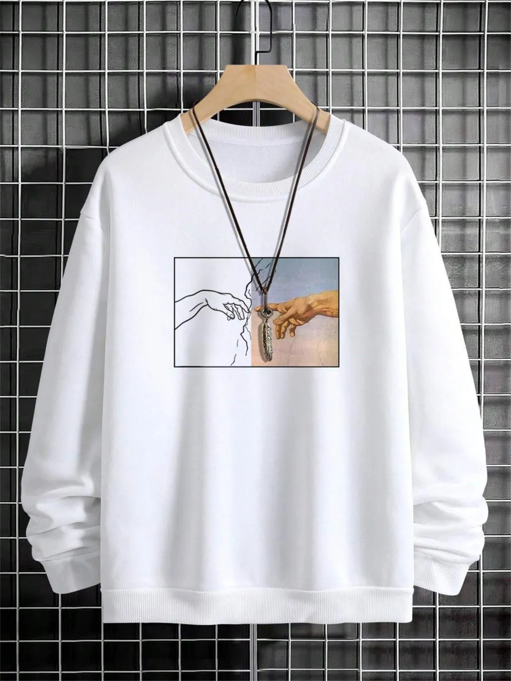 Men's hand printed sweatshirt long sleeve pullover polyester unisex top in white black blue purple