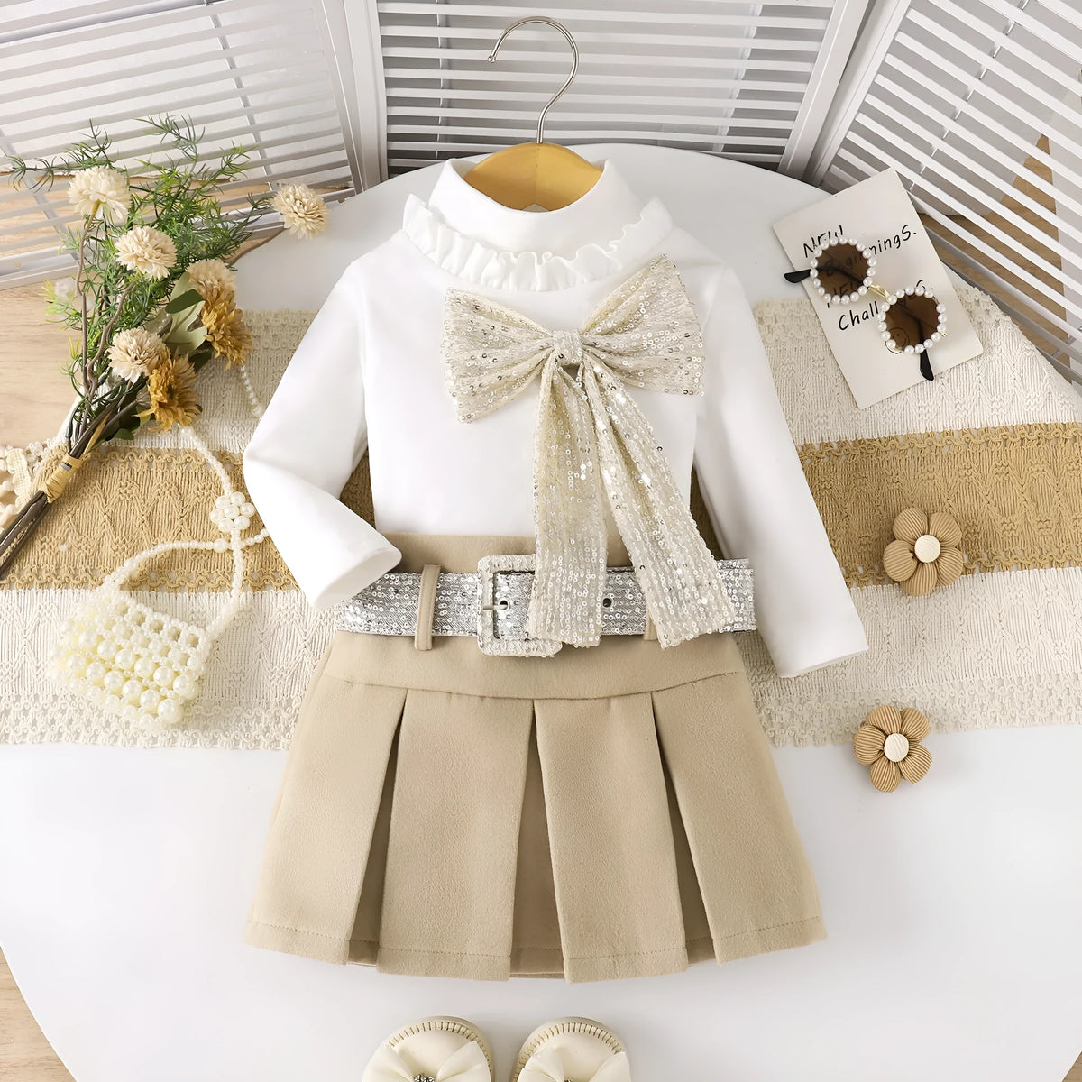 Girls set bow print long sleeve maxi dress cotton apricot red three-piece toddler outfit