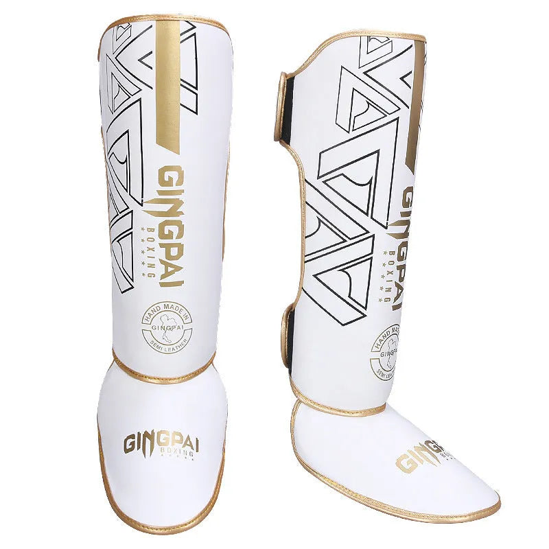 Sanda free fight shin guard and ankle support in PU, leggings style, sizes S M L, black and red colourway