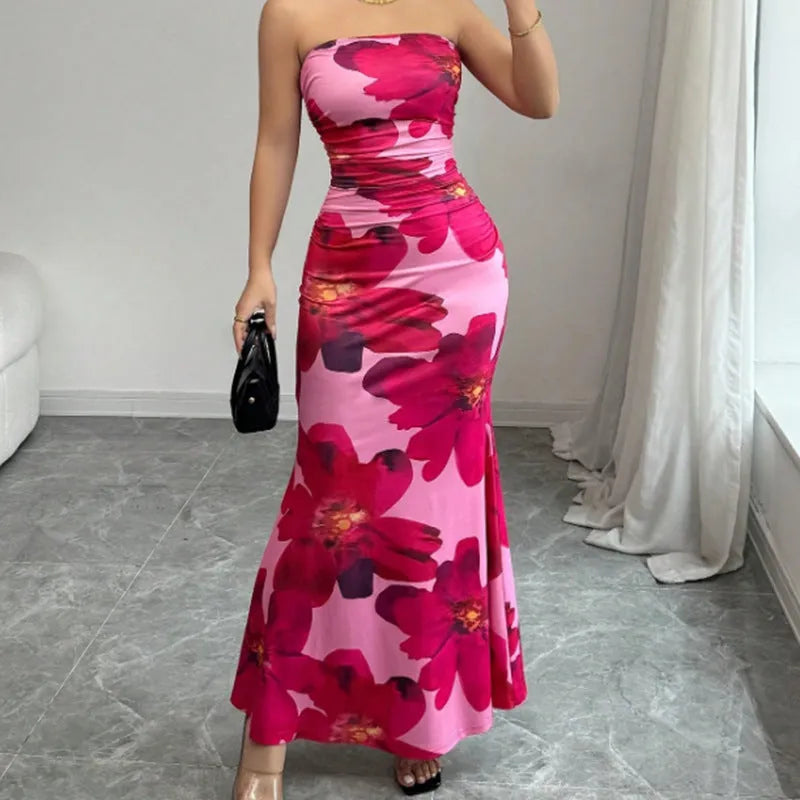 Women's slim fit high waist long flower dress pink print sleeveless hip skirt S M L XL