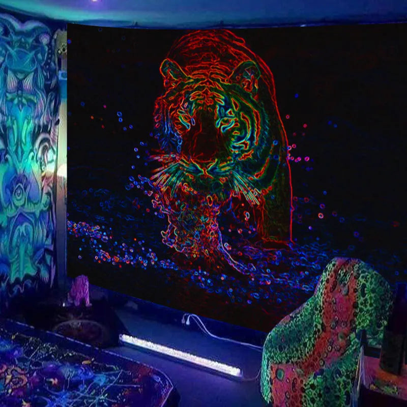 Fluorescent landscape tapestry in plush polyester, woven rectangular wall hanging, available up to 230x180cm