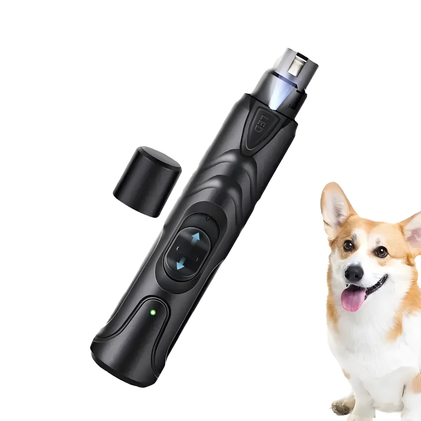 Lighted dog nail grinder with LED, two-speed rechargeable, black ABS, 14.5 cm length