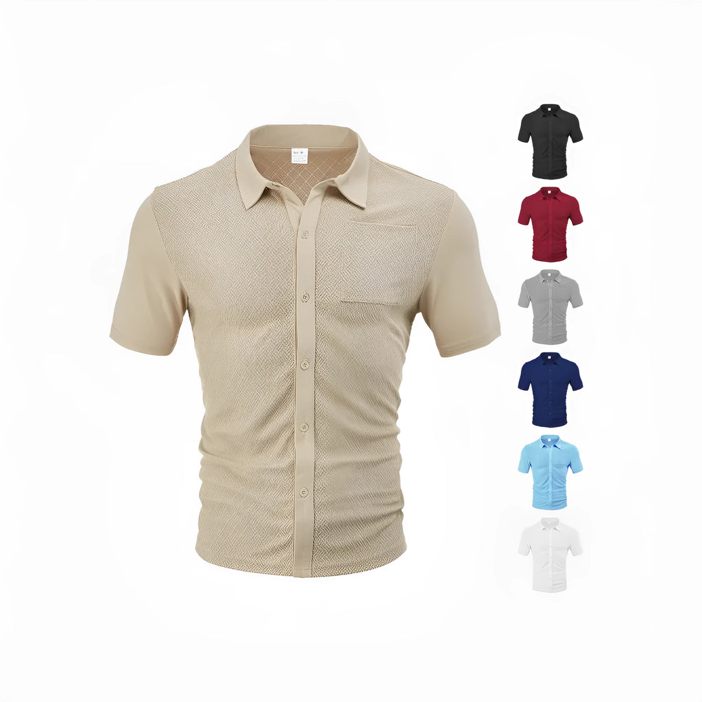 Loose breathable polyester jacquard lapel cardigan short sleeve casual top in white, front view